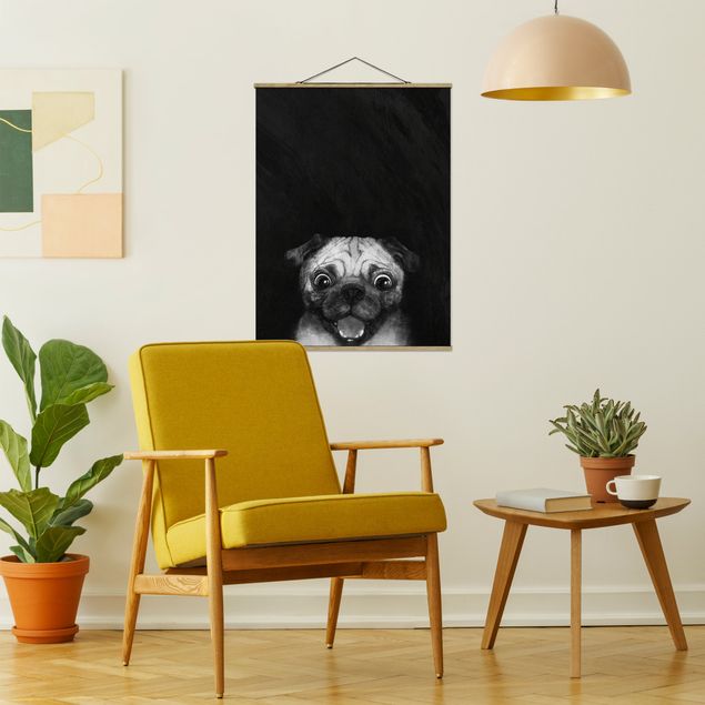 Wandbilder Illustration Hund Mops Malerei auf Schwarz Weiß