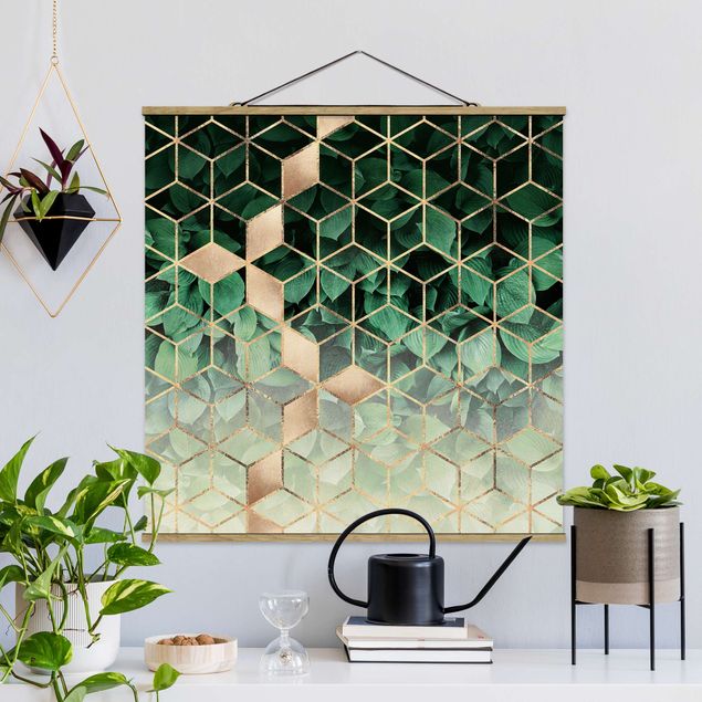 Abstrakte Kunst Bilder Grüne Blätter goldene Geometrie
