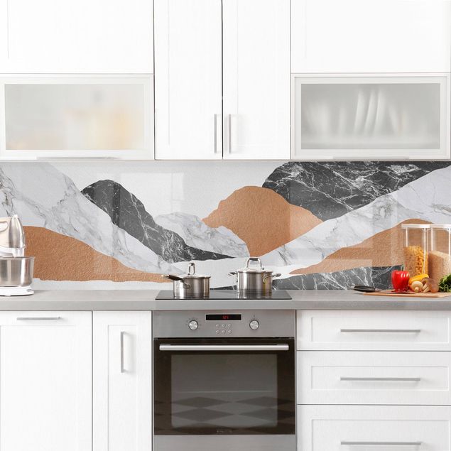Küchenrückwand Glas Motiv Wald Landschaft in Marmor und Kupfer II
