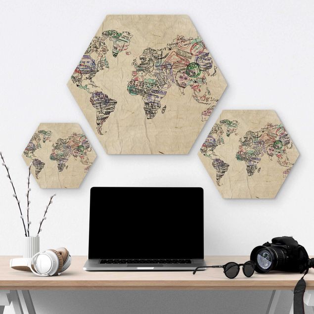 Hexagon Bild Holz - Reisepass Stempel Weltkarte