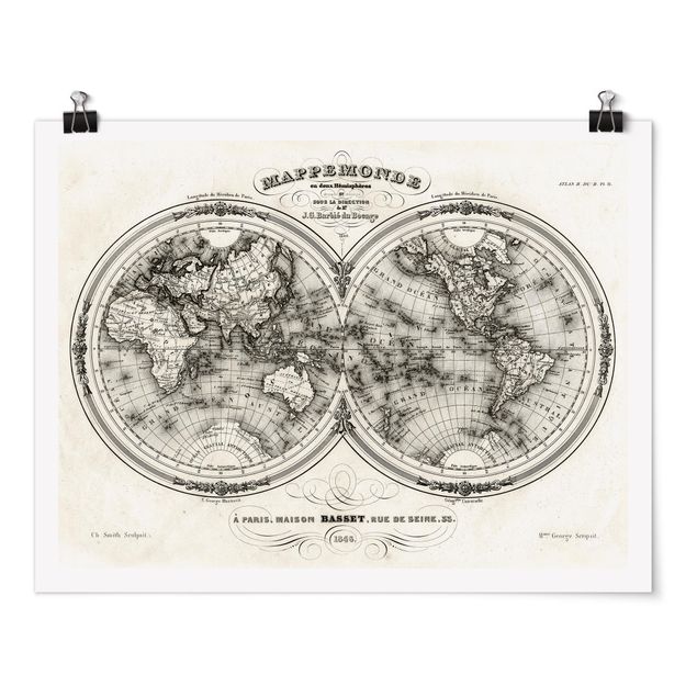 Retro Poster  Weltkarte - Französische Karte der Hemissphären von 1848