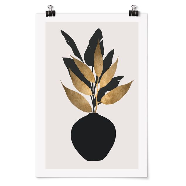 Schwarz-Weiß Poster Grafische Pflanzenwelt - Gold und Schwarz
