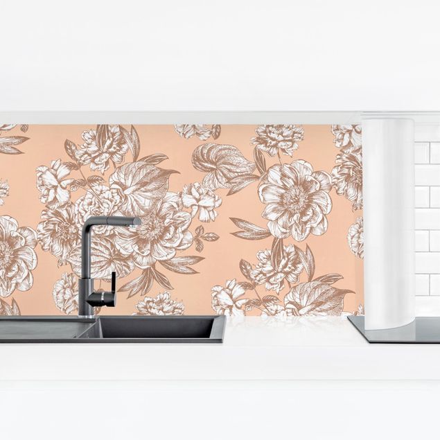 Küchenrückwand Muster Kupferstich Blütenbouquet