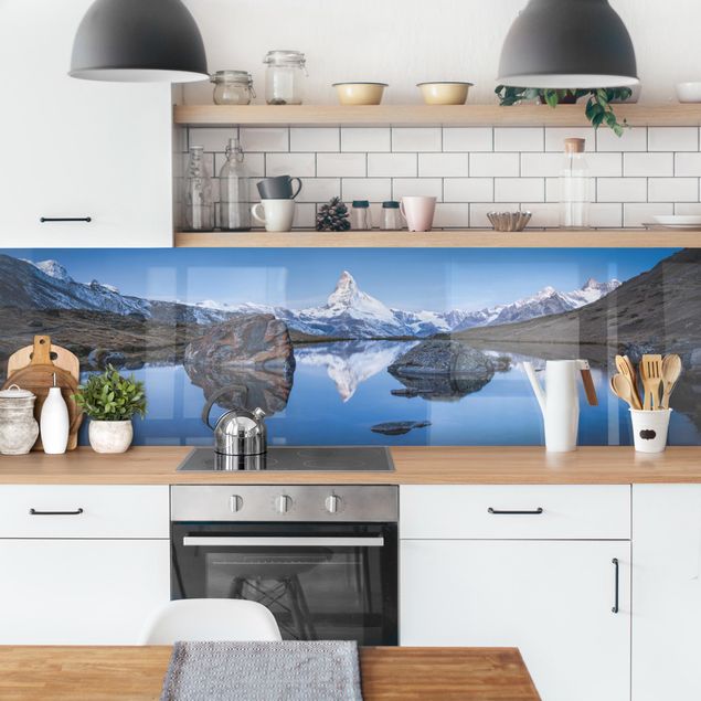 Küchenrückwand Glas Motiv Wald Stellisee vor dem Matterhorn