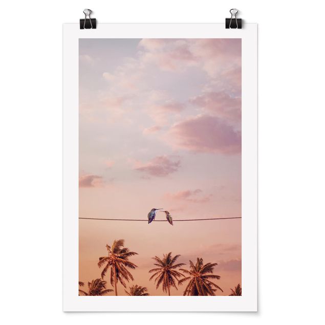 Poster Landschaft Sonnenuntergang mit Kolibris