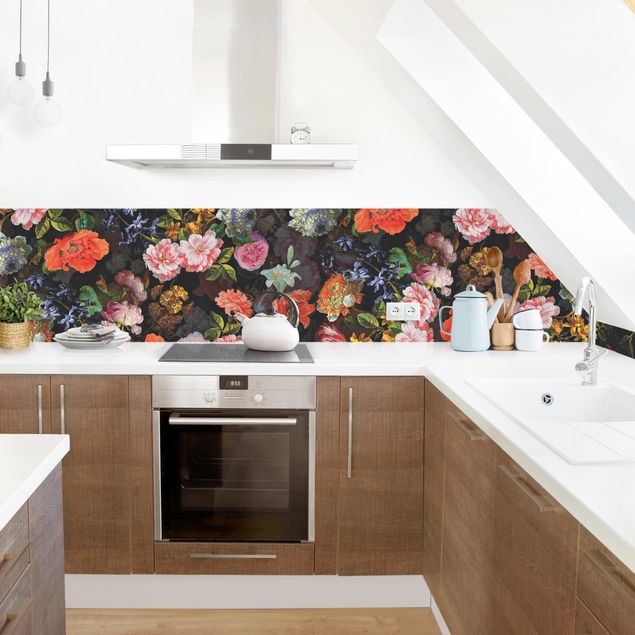 Glasrückwand Küche Muster Dunkles Blumenbouquet