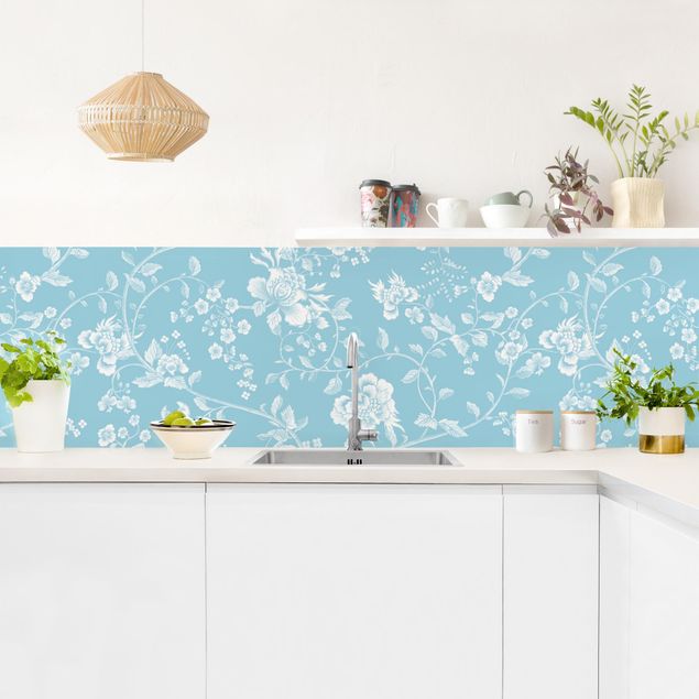 Küchenrückwand Muster Blumenranken auf Blau