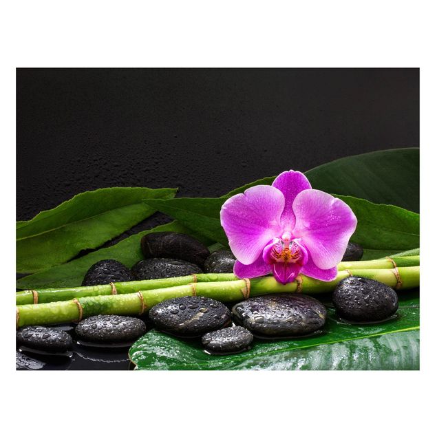 Magnettafel Steinoptik Grüner Bambus mit Orchideenblüte