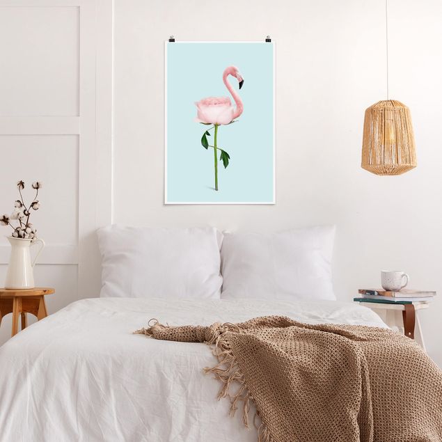 Poster Kinderzimmer Tiere Flamingo mit Rose