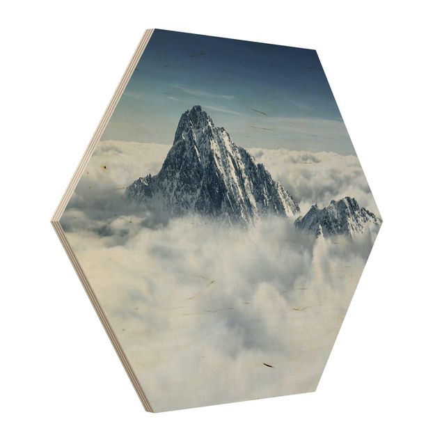 Hexagon Bild Holz - Die Alpen über den Wolken