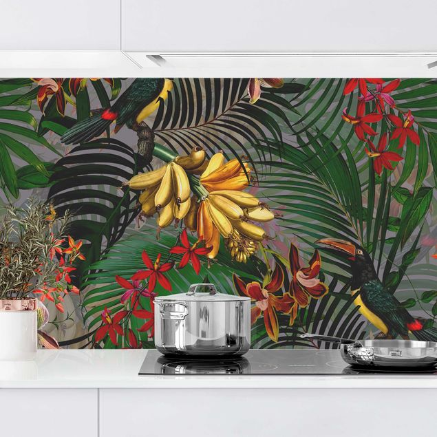 Küchenrückwände Platte Tropische Farne mit Tucan Grün II