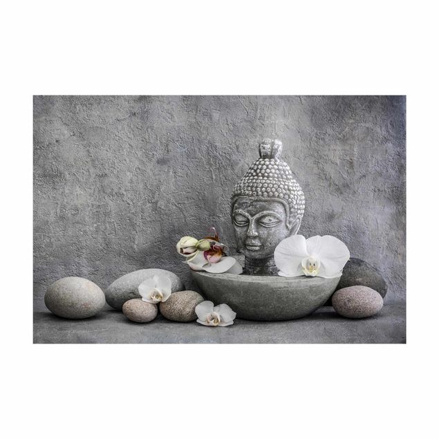 Grauer Teppich Zen Buddha, Orchideen und Steine