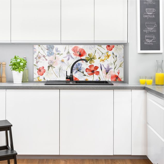 Küchenrückwand Glas Blumen Aquarellierter Mohn mit Kleeblatt