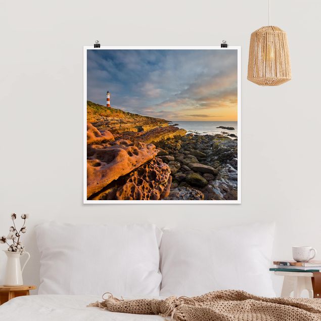Poster - Tarbat Ness Leuchtturm und Sonnenuntergang am Meer - Quadrat 1:1