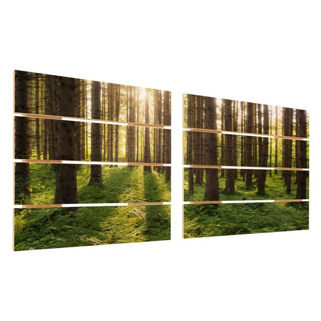 Holzbild 2-teilig - Sonnenstrahlen in grünem Wald - Quadrate 1:1
