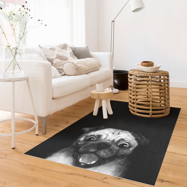 Teppiche Illustration Hund Mops Malerei auf Schwarz Weiß