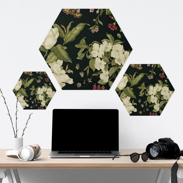 Hexagon Bild Forex - Gartenblumen auf Schwarz I