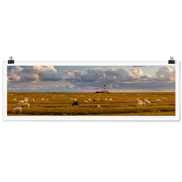 Bilder für die Wand Nordsee Leuchtturm mit Schafsherde
