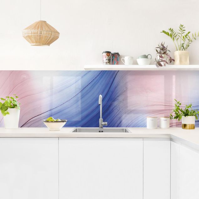 Küchenrückwand abstrakt Melierter Farbtanz Blau mit Rosa