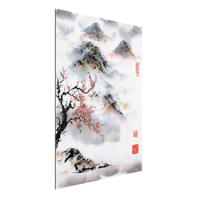 Schöne Wandbilder Japanische Aquarell Zeichnung Kirschbaum und Berge