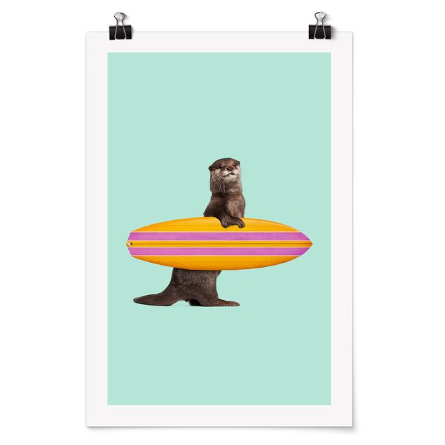 Poster Tiere Otter mit Surfbrett