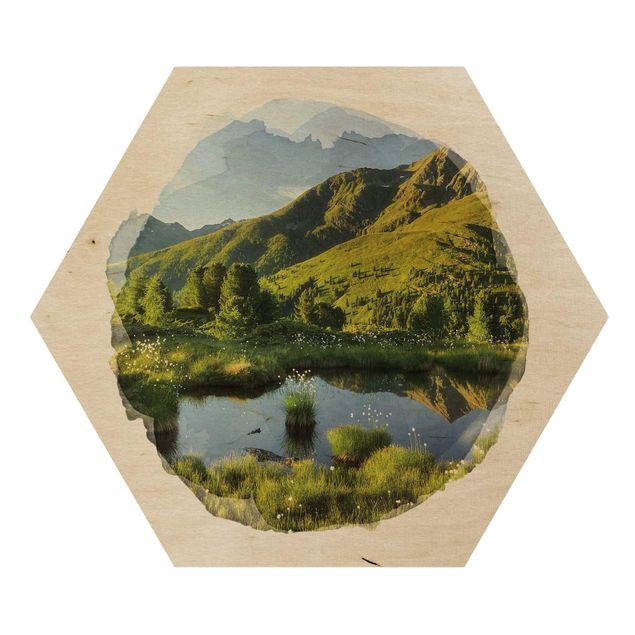 Hexagon Bild Holz - Wasserfarben - Blick vom Hirschbichl ins Defereggental