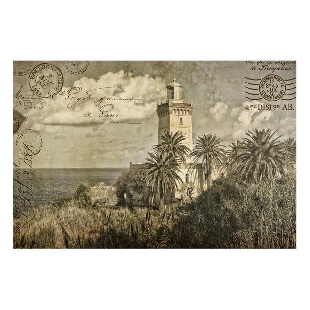 Magnettafel Strand Vintage Postkarte mit Leuchtturm und Palmen