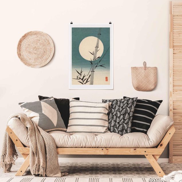 Poster Natur Japanische Zeichnung Bambus und Mond