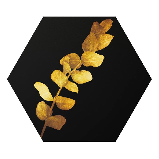 Hexagon Bild Alu-Dibond - Gold - Eukalyptus auf Schwarz