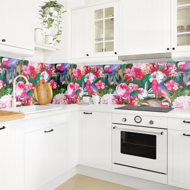 Küchenrückwand Muster Bunte Tropische Blumen mit Vögeln Pink II