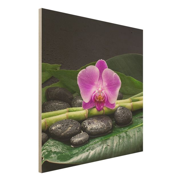 Holzbilder Blumen Grüner Bambus mit Orchideenblüte