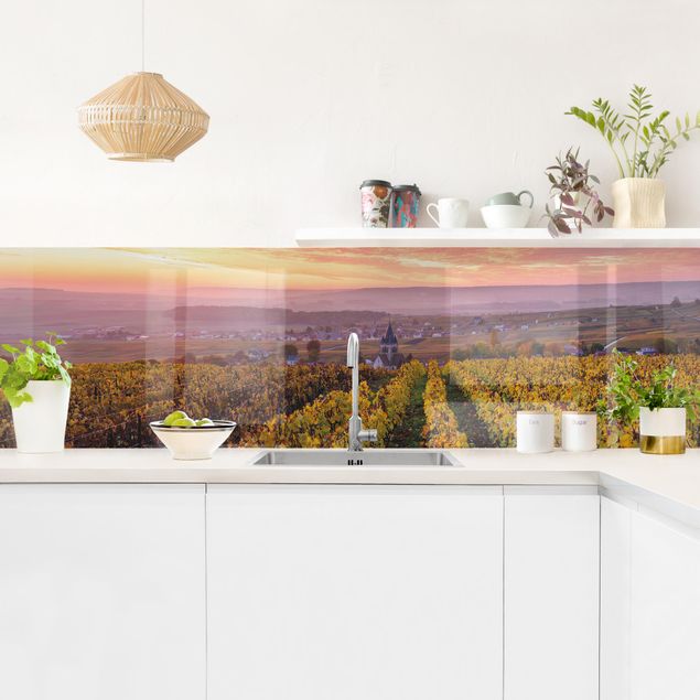 Küchenrückwand Glas Landschaft Weinplantage bei Sonnenuntergang
