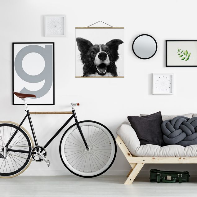 Stoffbilder zum Aufhängen Illustration Hund Border Collie Schwarz Weiß Malerei