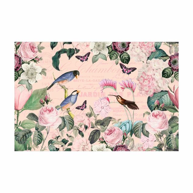 Teppich Blumen Vintage Collage - Rosen und Vögel