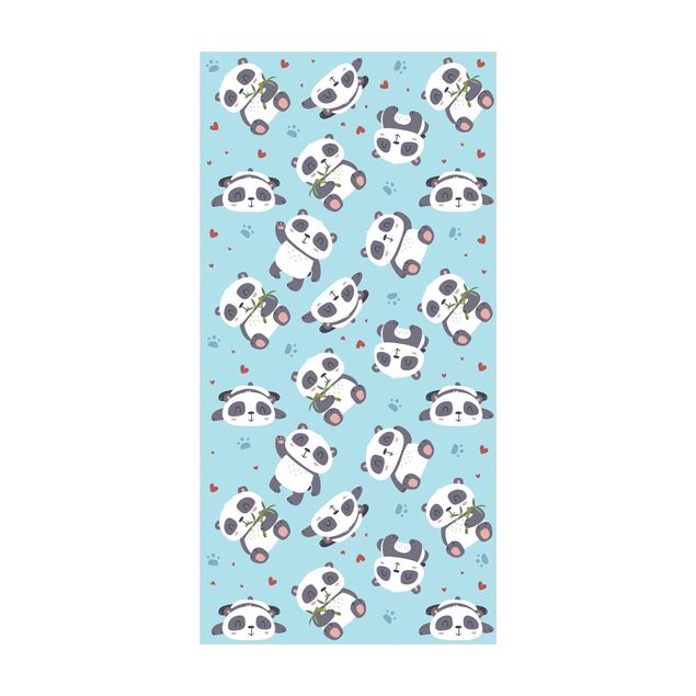 Teppich modern Süße Pandabären mit Tapsen und Herzen Pastellblau