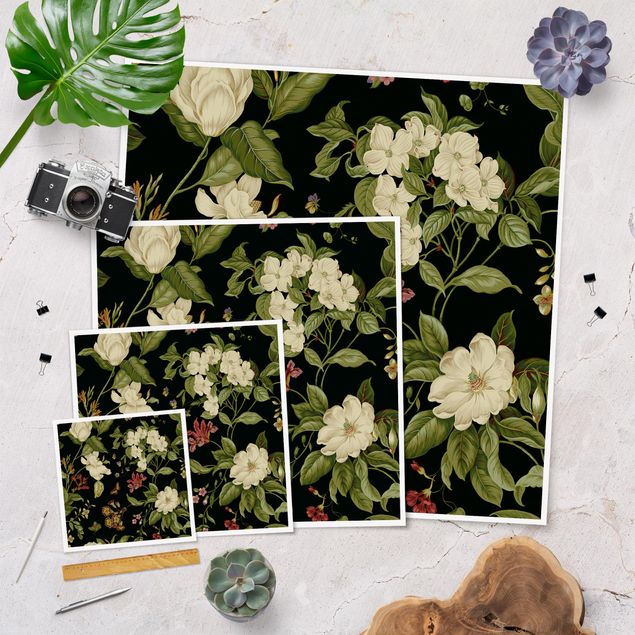 Poster - Gartenblumen auf Schwarz II - Quadrat 1:1