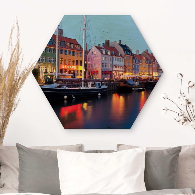 Moderne Holzbilder Kopenhagener Hafen am Abend