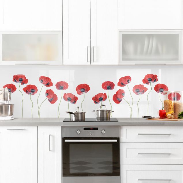 Küchenrückwand Glas Motiv Blumen Marienkäfer Mohnblumen I