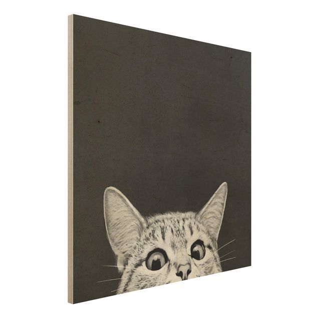 Moderne Holzbilder Illustration Katze Schwarz Weiß Zeichnung