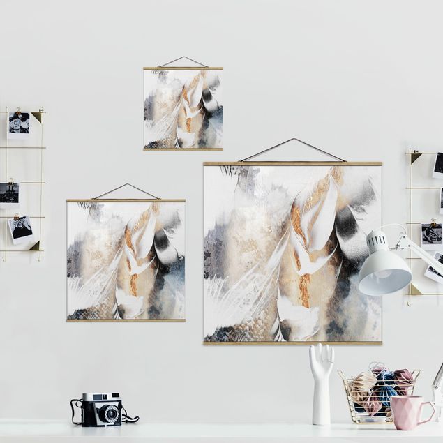 Stoffbild mit Posterleisten - Elisabeth Fredriksson - Goldene abstrakte Wintermalerei - Quadrat 1:1
