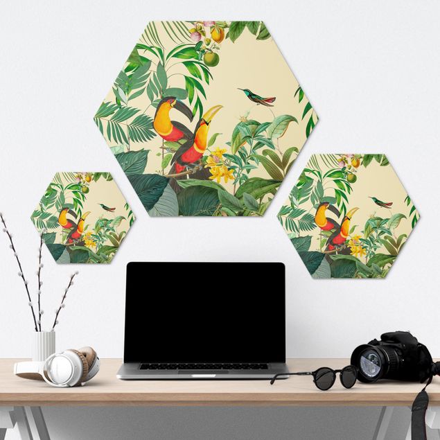 Hexagon Bild Alu-Dibond - Vintage Collage - Vögel im Dschungel