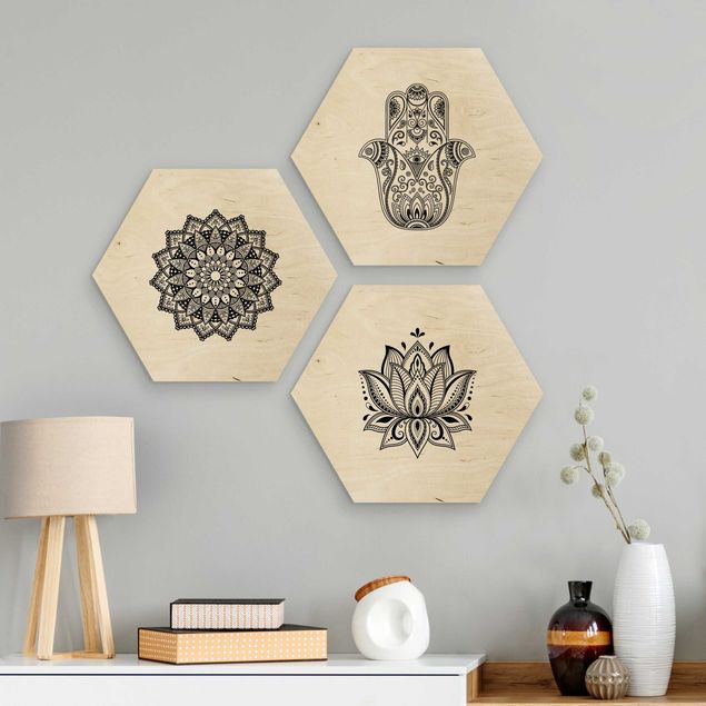 Holzbilder modern Mandala Hamsa Hand Lotus Set auf Weiß