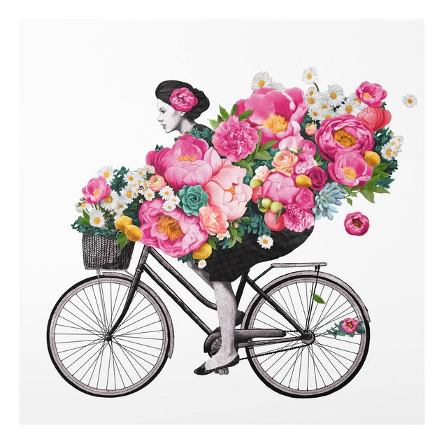 Forex Fine Art Print - Illustration Frau auf Fahrrad Collage bunte Blumen - Quadrat 1:1