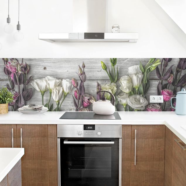 Glasrückwand Küche Blumen Tulpen-Rose Shabby Holzoptik