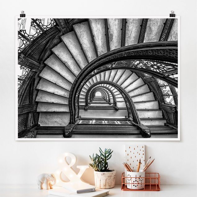 Poster Schwarz Weiß Querformat Chicagoer Treppenhaus