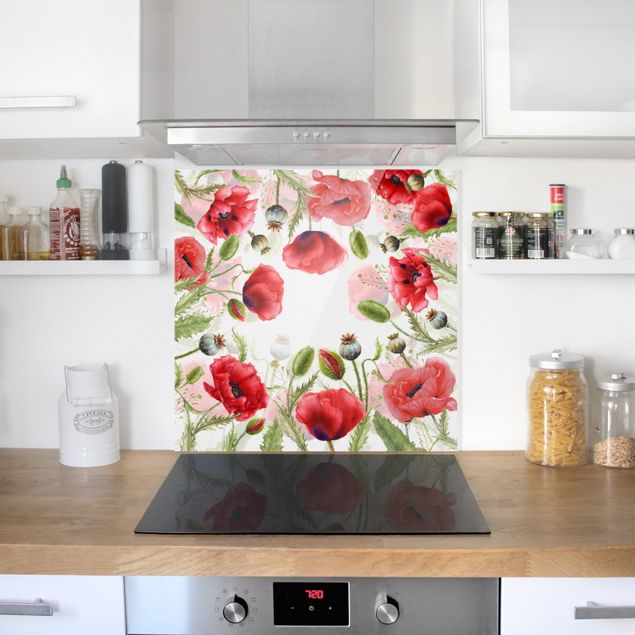 Küchenrückwand Glas Motiv Blumen Illustrierte Mohnblumen