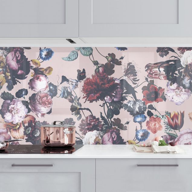 Küchenrückwände Platte Altmeisterliche Blüten mit Tulpen und Rosen auf Rosa