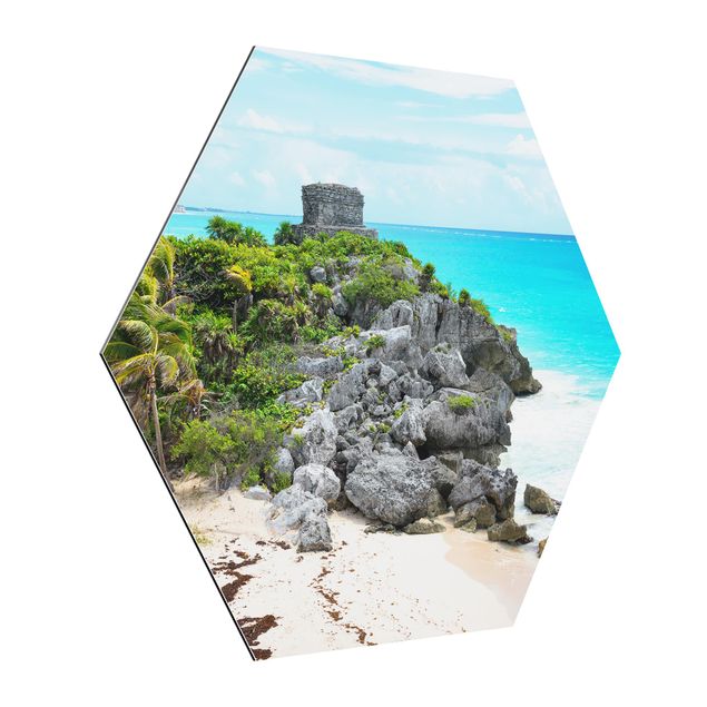 Hexagon Bild Alu-Dibond - Karibikküste Tulum Ruinen