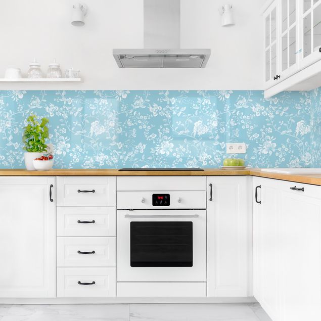 Küchenrückwand Muster Blumenranken auf Blau II