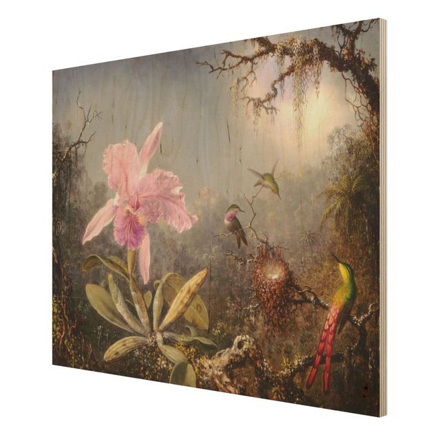 Moderne Holzbilder Martin Johnson Heade - Orchidee und drei Kolibris